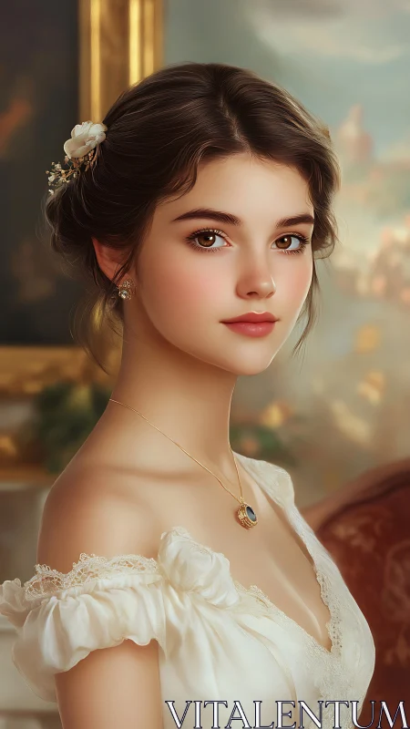 Digital painting portrait of young woman in neoclassical dress.