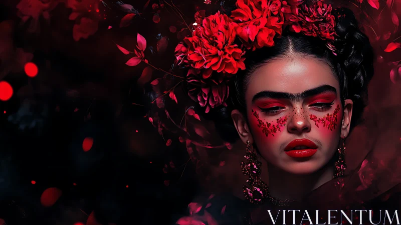 Crimson crowned muse drifts through a velvet midnight bloom