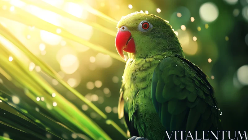 Vibrant green parrot in sunlit jungle, close-up nature photo.
