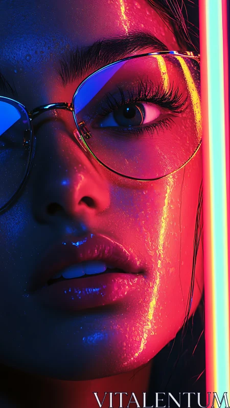 Neon-lit portrait close-up with reflective lenses and wet skin.