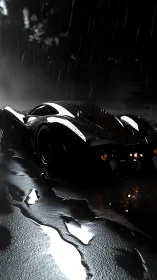 Carbon black hypercar in cinematic night rain environment