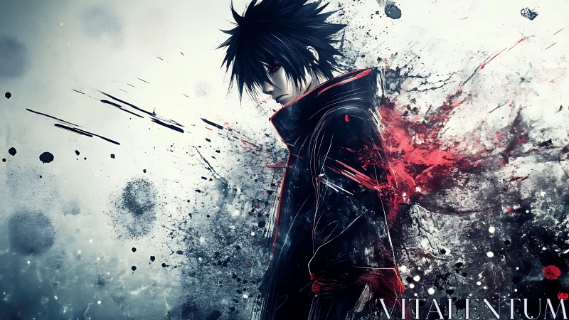 Brooding dark-haired warrior in explosive ink splatter field.