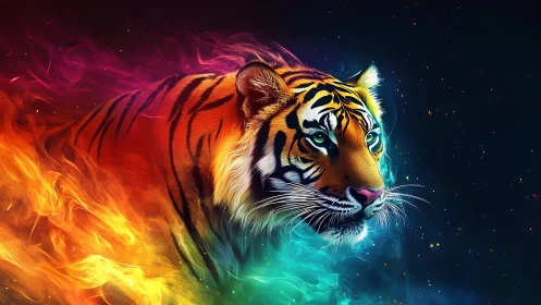 Tiger head emerging through vivid fire and neon smoke