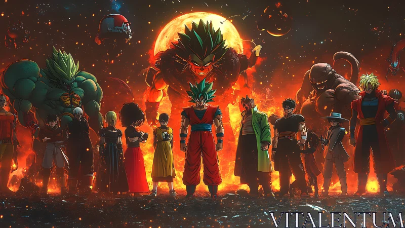 Heroic anime ensemble confronts colossal foes in fiery eclipse