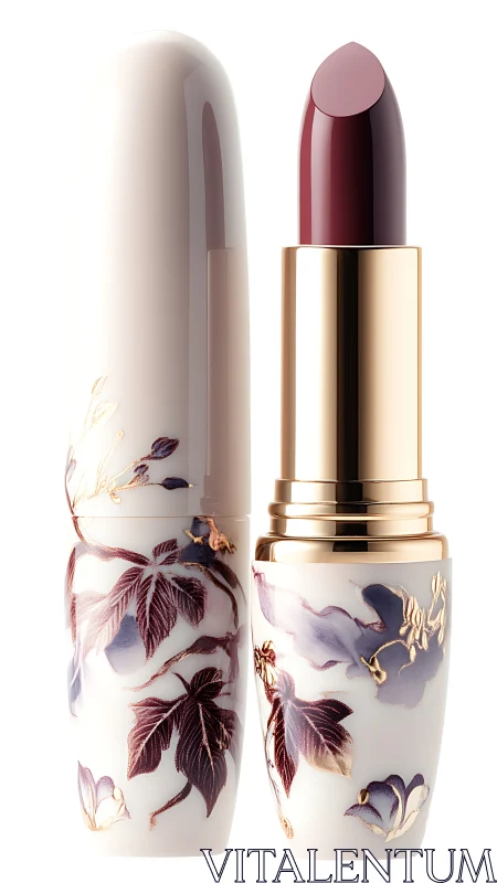 Porcelain floral lipstick tube with deep burgundy bullet rendered