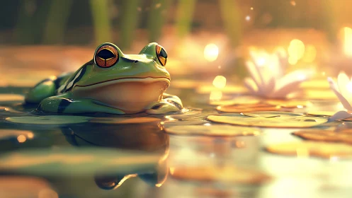 Frog resting on sunlit lily pads in shallow pond water.
