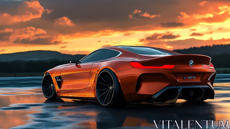 Orange BMW sports coupe stands on wet asphalt at sunset