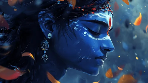 Blue-skinned figure in profile with painted face markings