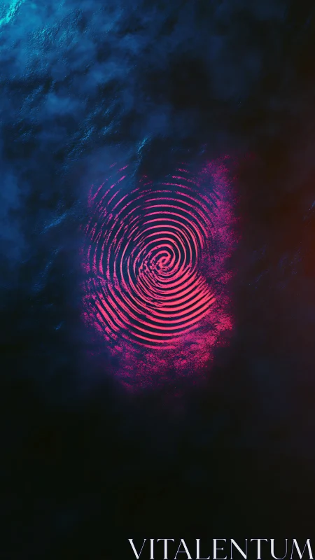 Neon fingerprint vortex glows beneath a digital midnight sea.
