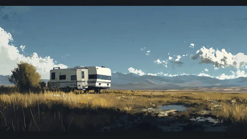 Solitary camper trailer parked in open prairie landscape.