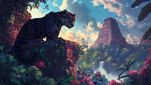Digital painting of black-spotted leopard perched on ancient sandstone ruins overlooking verdant jun