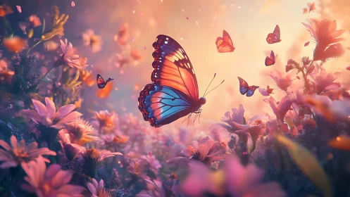 Iridescent butterfly swarm over luminous pastel meadow.