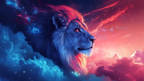 Starlit Nebula Lion Gazing Through Electric Dawn Skies.