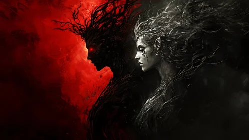 Bifurcated shadow entity and elven wraith in chromatic conflict.