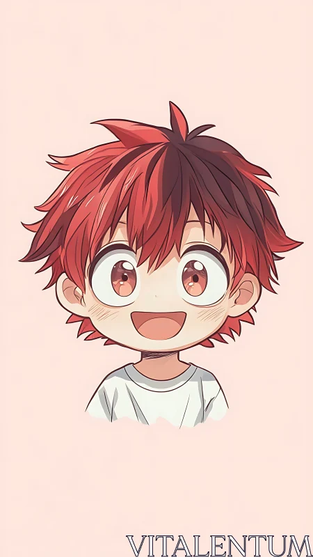 Red haired anime boy portrait on plain pastel background.