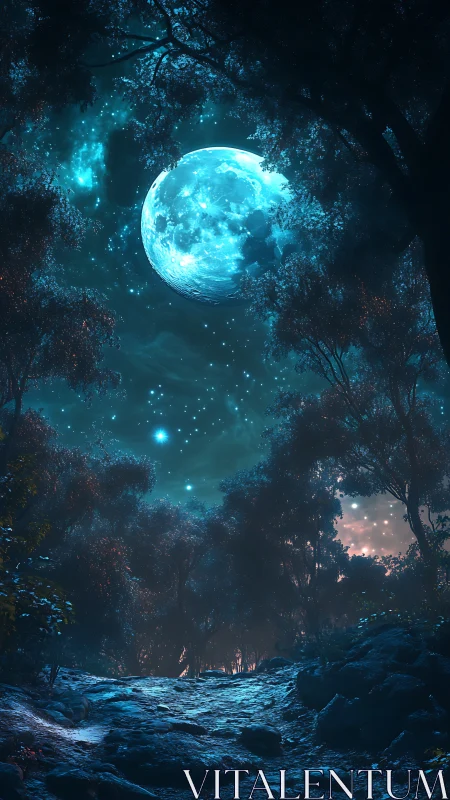 Luminous Moon Above Enchanted Forest Valley.