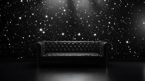 Black leather sofa under starfield wall with studio spotlights.