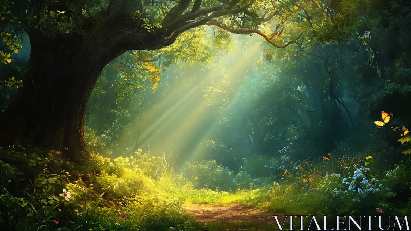 Enchanted Forest Path Bathed in Golden Sunlight