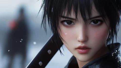 Stormlit warrior portrait unites anime facial stylization and steel