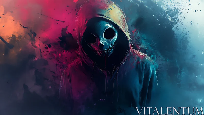 Digital painting of hooded skull figure in neon chaos field.