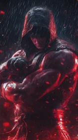 Hooded muscular fighter in rain with red illuminated accents.