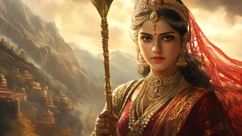 Regal warrior queen in ornate gold regalia before terraced temples