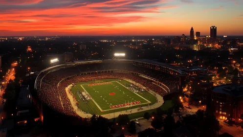 Firelit football coliseum glowing beneath a molten sunset.