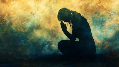 Quiet kneeling silhouette wrapped in soft golden stillness.