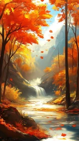Autumn waterfall sanctuary under rivers of golden light.