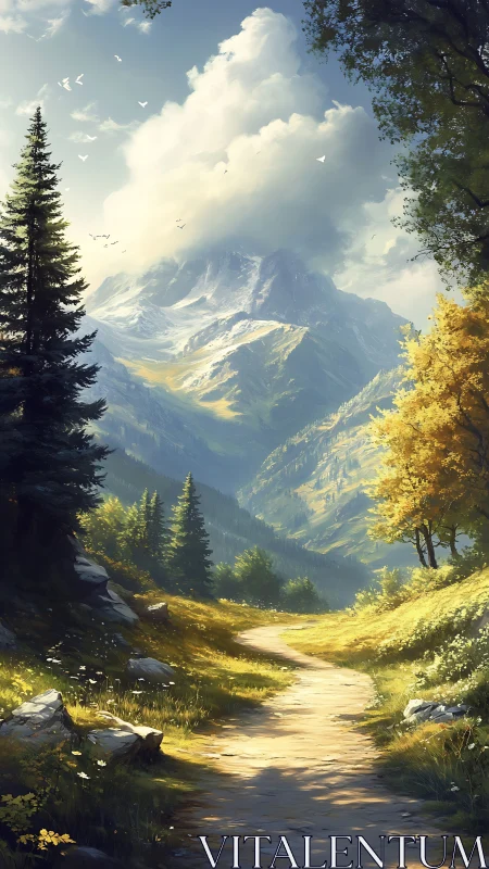 Sunlit mountain trail winds toward towering, cloud-capped peaks