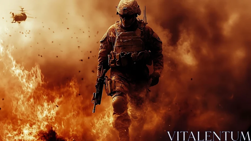 Battle-hardened soldier strides through raging battlefield fire.
