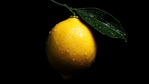 Single wet lemon with leaf on black isolated background.