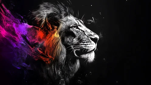 Radiant lion profile glowing with colorful cosmic energy.