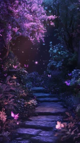 Nocturnal stone garden path under glowing lilac blossoms