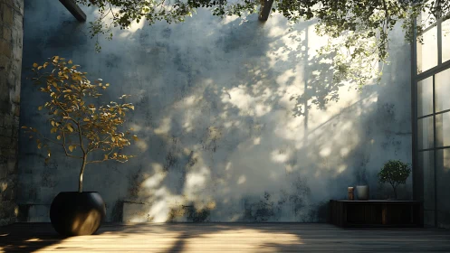 Sunlit courtyard wall with potted tree and soft shadows.