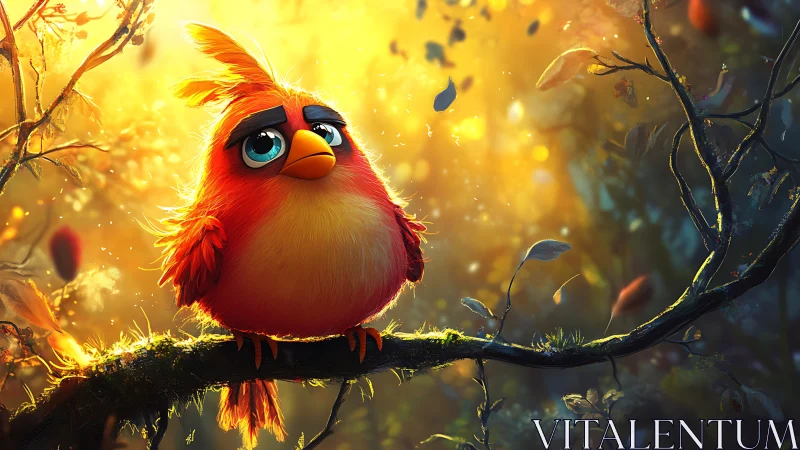 Cute Red Cartoon Bird on Forest Branch in Glowing Light.