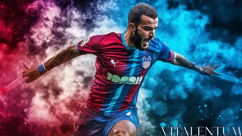 Soccer forward bursts through red and blue energy clouds.