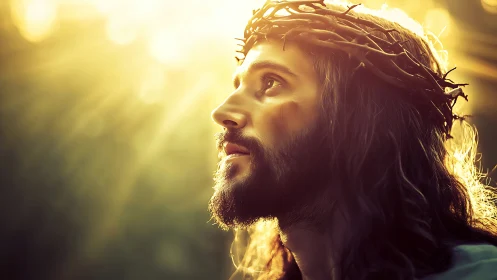 Radiant portrait of a crowned figure gazing toward hopeful light