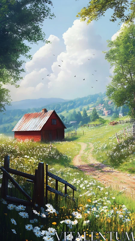 Sunlit country path leads to a cozy red cottage in bloom