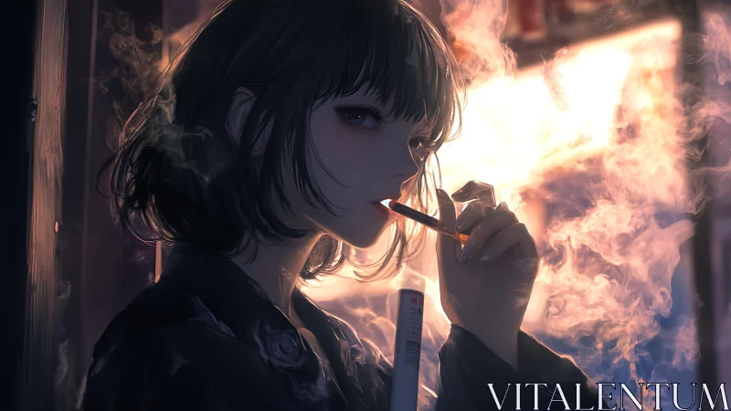 Girl with short dark hair exhales vapor in warm backlight