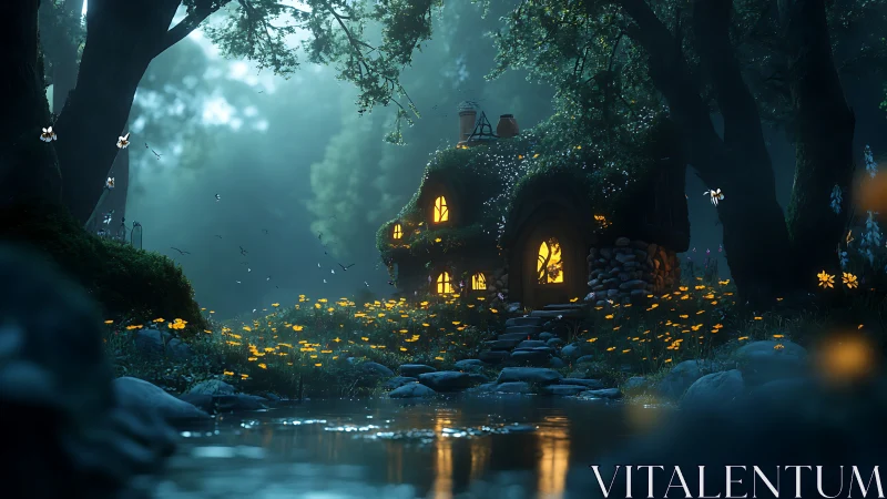 Forest cottage with illuminated windows beside shallow stream