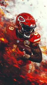 Kansas City football player running with ball in flames.