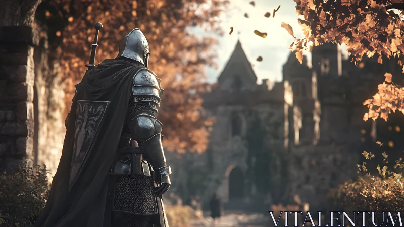 Quietly armored knight pauses before a sunlit autumn castle