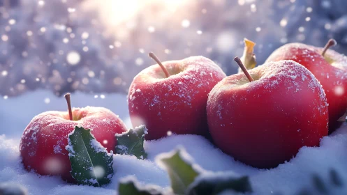 Red apples resting on snow under soft winter light.
