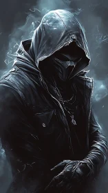 Hooded masked figure in dark jacket with moody smoke background.