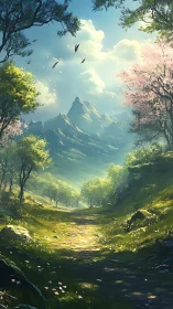 Mountain valley trail under spring light with distant peaks