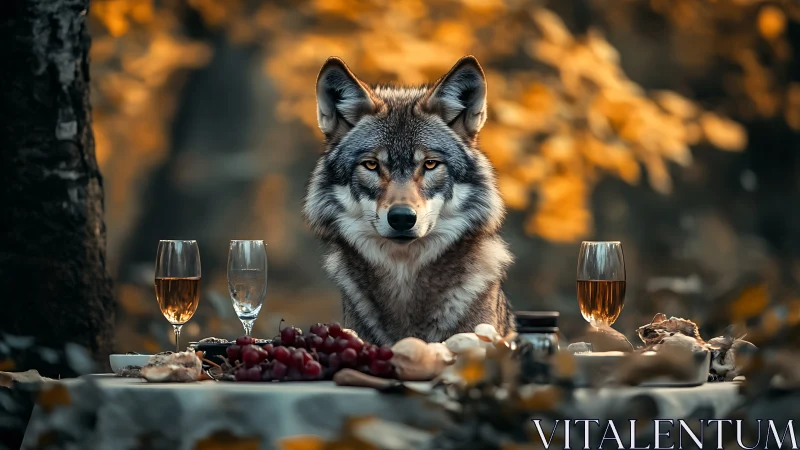 Wolf sits at outdoor table set with fruit, bread and drinks