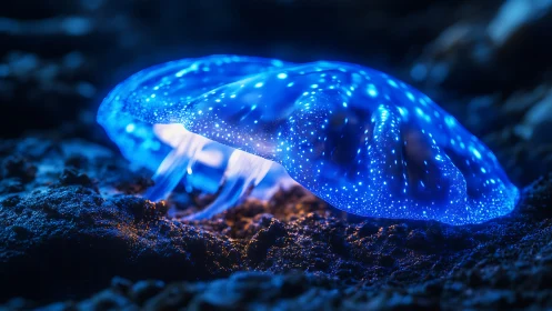Bioluminescent jellyfish on seabed in ultra-sharp macro focus