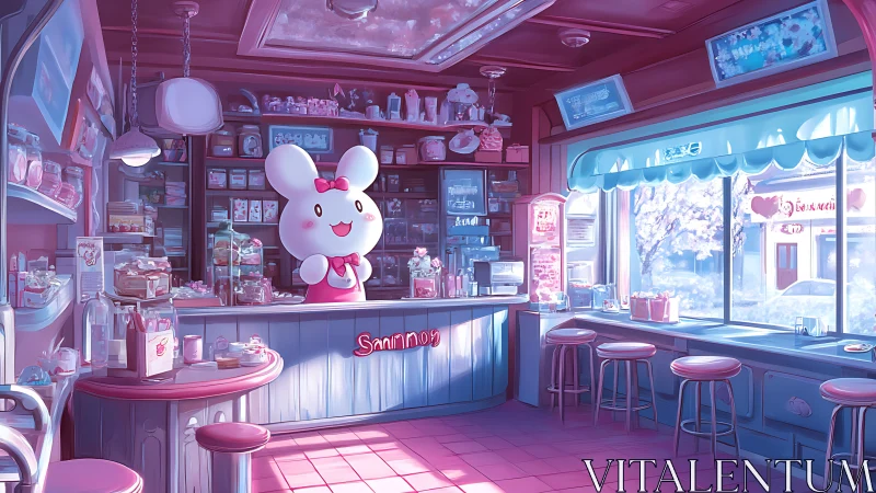 Interior view shows stylized rabbit mascot counter in café