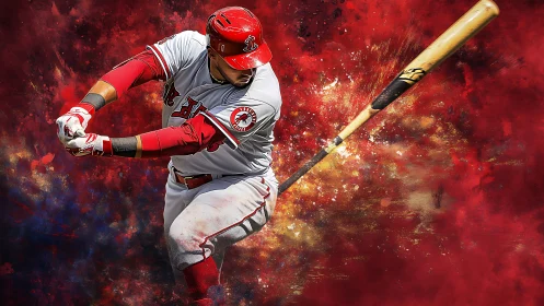 Dynamic baseball batter mid-swing with explosive red backdrop